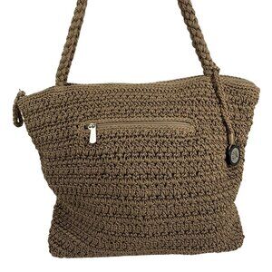 The SAK Beige Crochet Shoulder Bag Zipper Closure Inner Pockets Dividers EUC